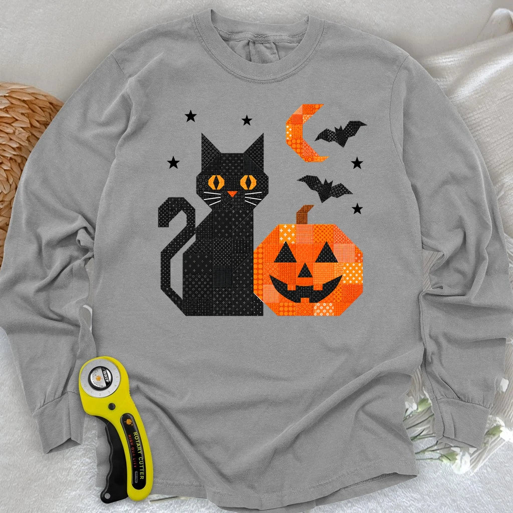 Patchwork Cat & Pumpkin Long Sleeve T-shirt
