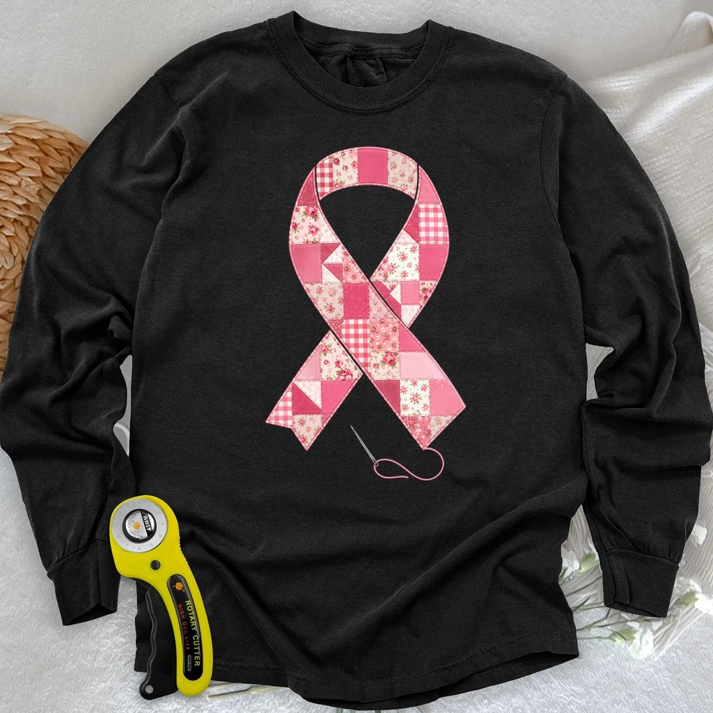 Patchwork Pink Ribbon Long Sleeve T-shirt