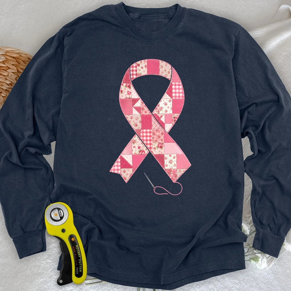 Patchwork Pink Ribbon Long Sleeve T-shirt