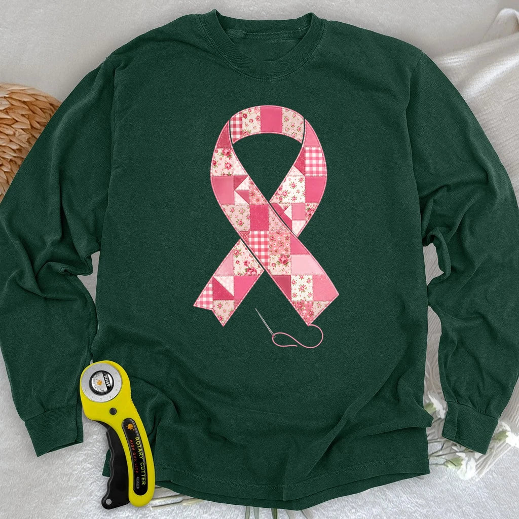 Patchwork Pink Ribbon Long Sleeve T-shirt