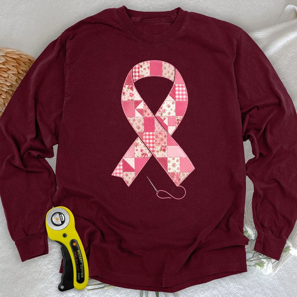 Patchwork Pink Ribbon Long Sleeve T-shirt