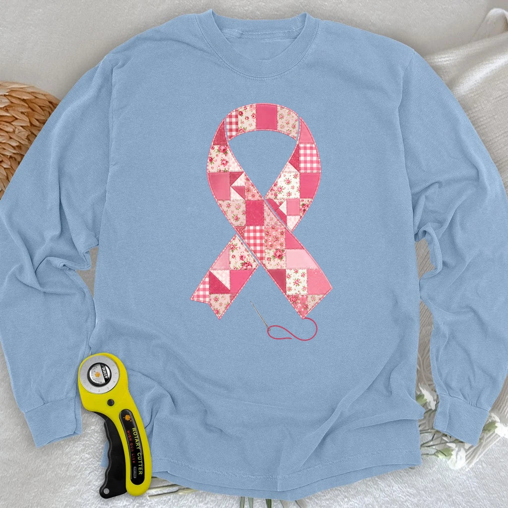 Patchwork Pink Ribbon Long Sleeve T-shirt