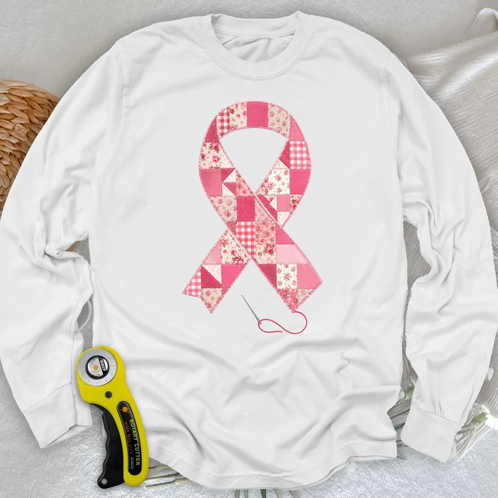 Patchwork Pink Ribbon Long Sleeve T-shirt