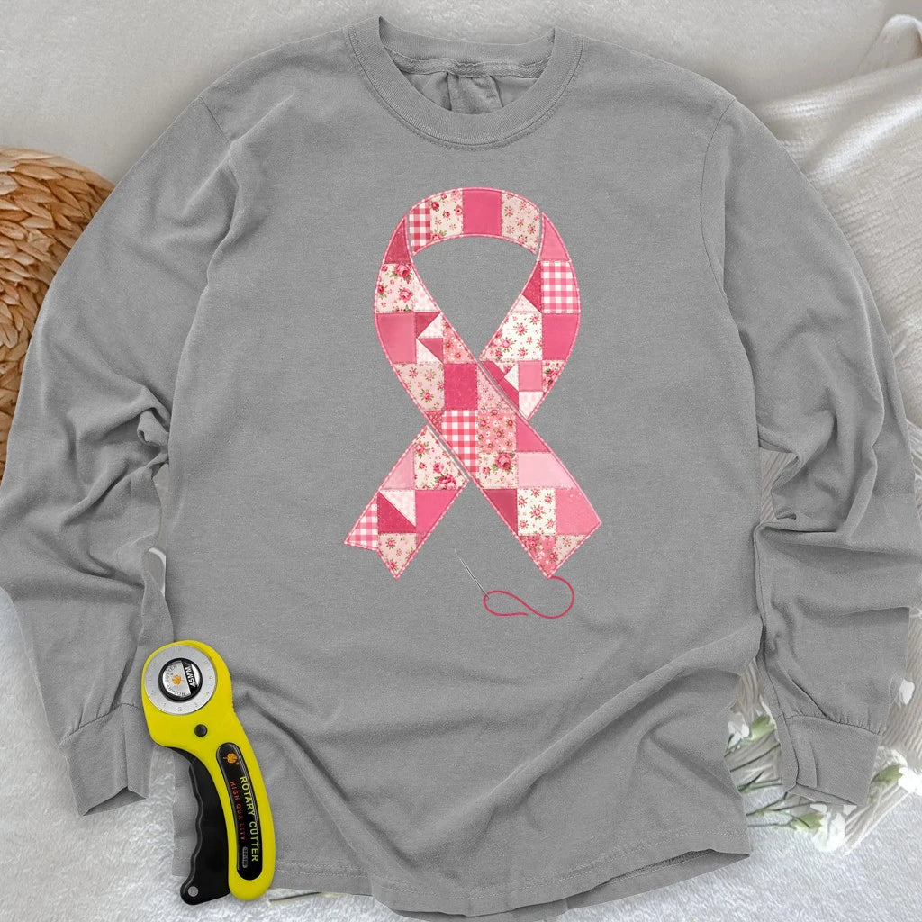 Patchwork Pink Ribbon Long Sleeve T-shirt