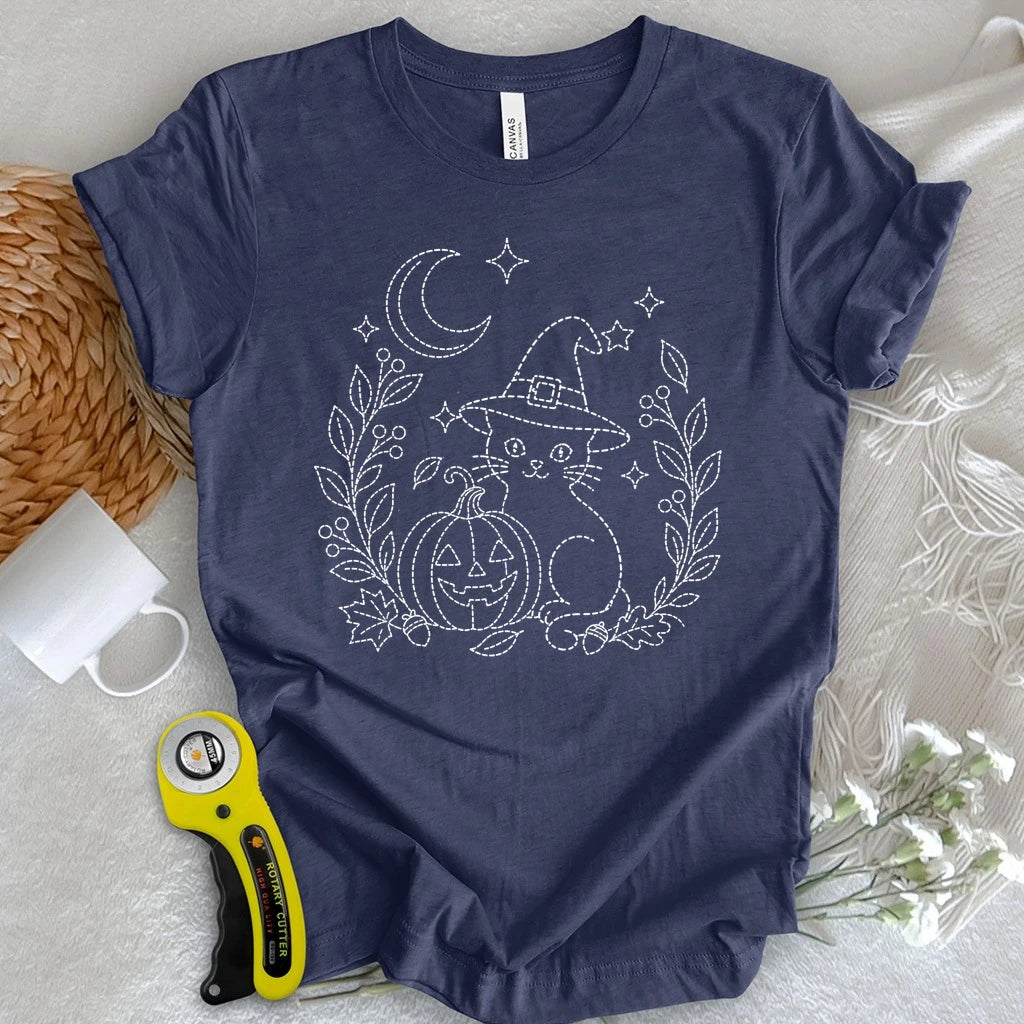 Sashiko Halloween Cat T-shirt