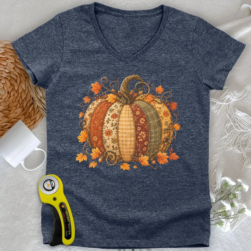 Autumn Patchwork Pumpkin Lady V-neck