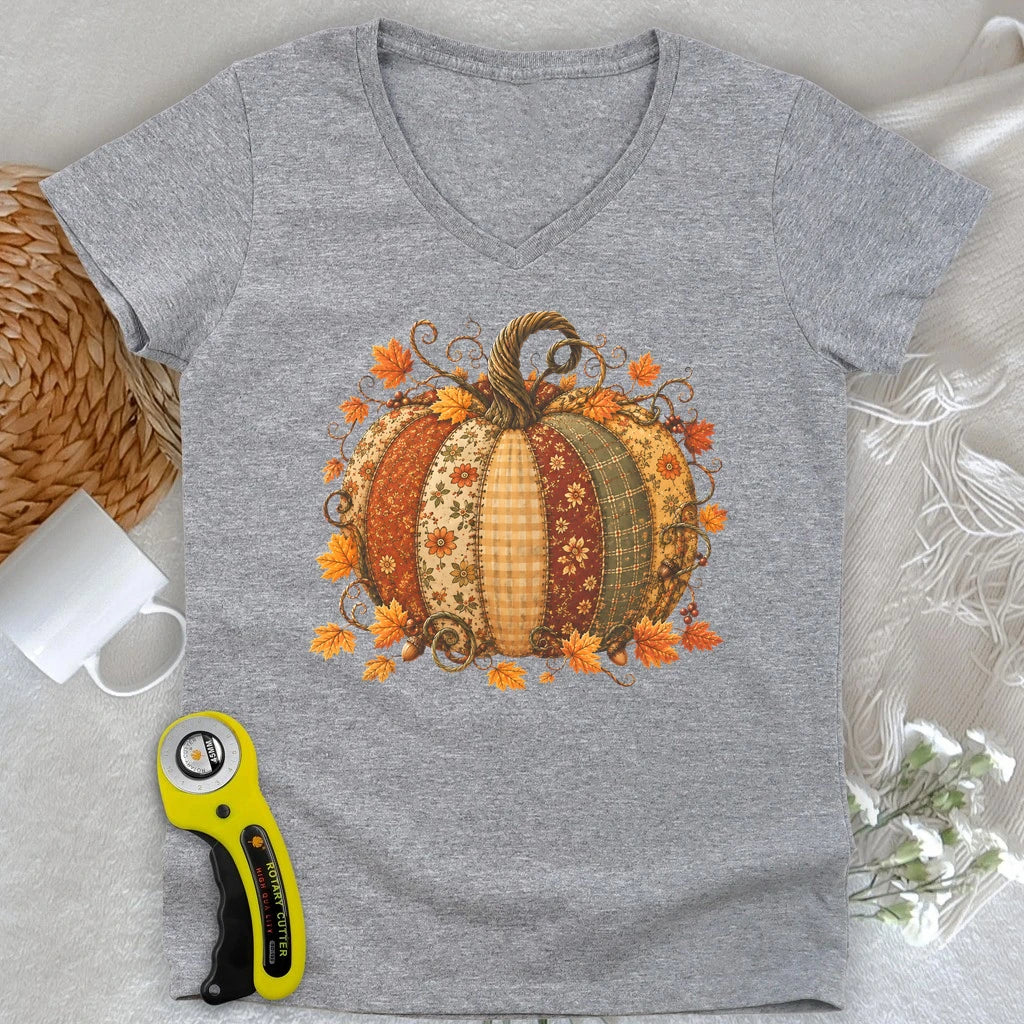 Autumn Patchwork Pumpkin Lady V-neck