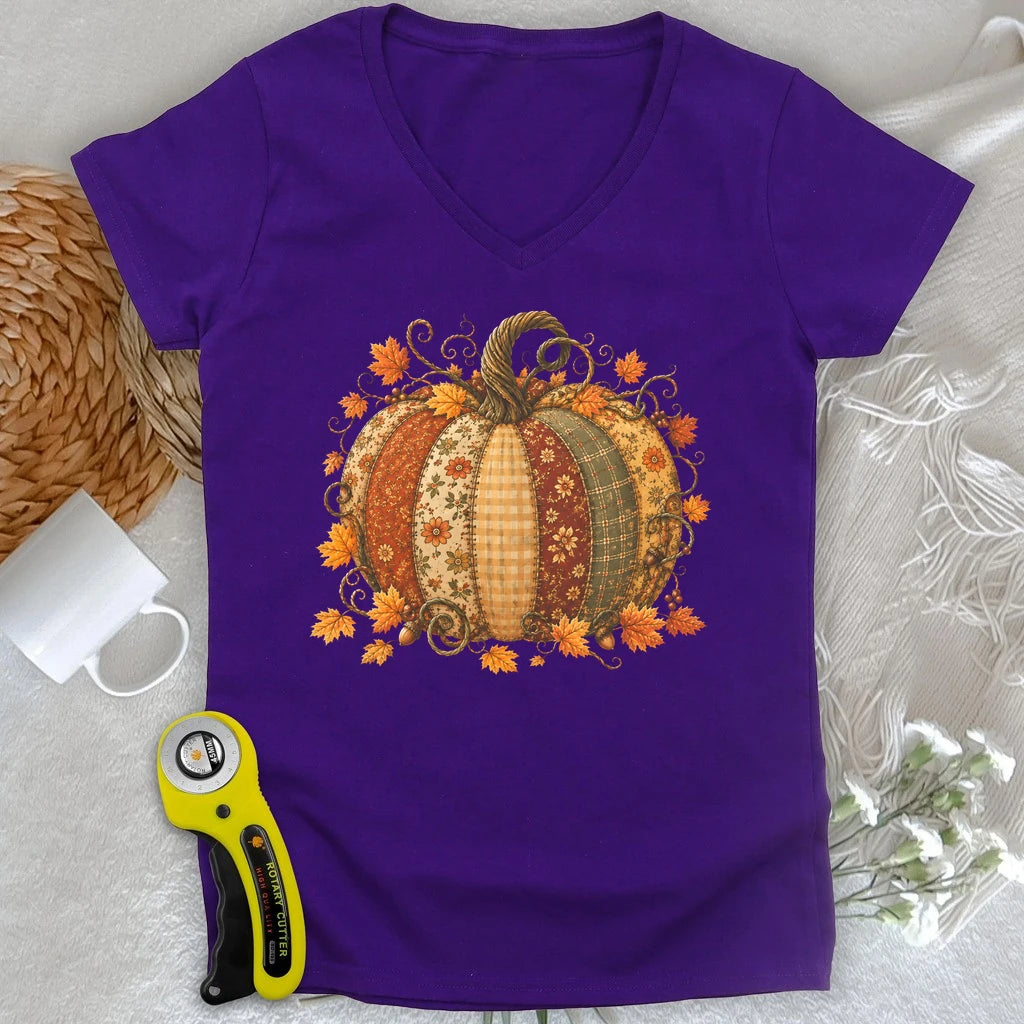 Autumn Patchwork Pumpkin Lady V-neck