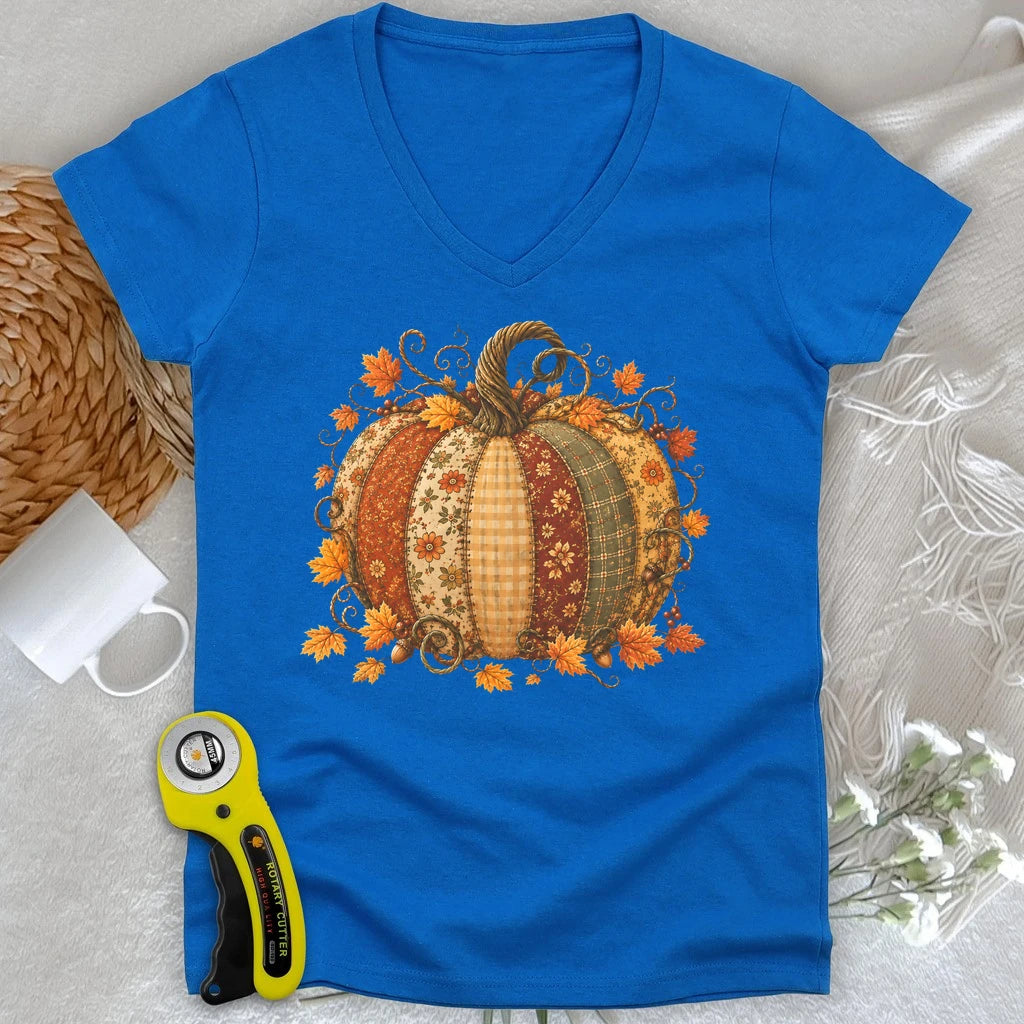 Autumn Patchwork Pumpkin Lady V-neck