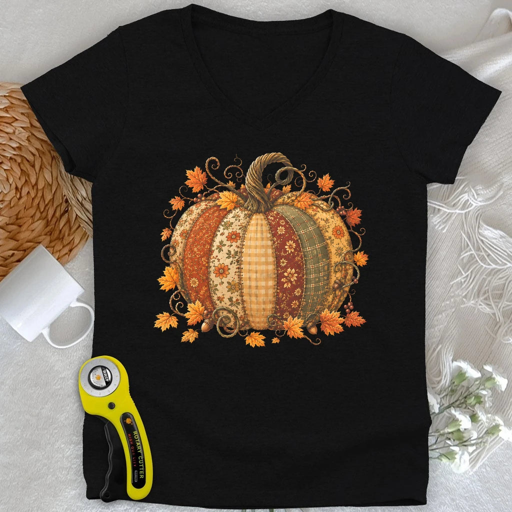 Autumn Patchwork Pumpkin Lady V-neck