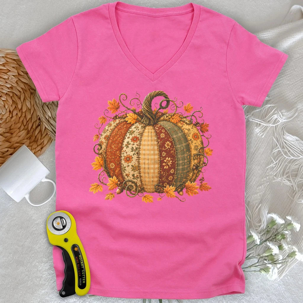 Autumn Patchwork Pumpkin Lady V-neck