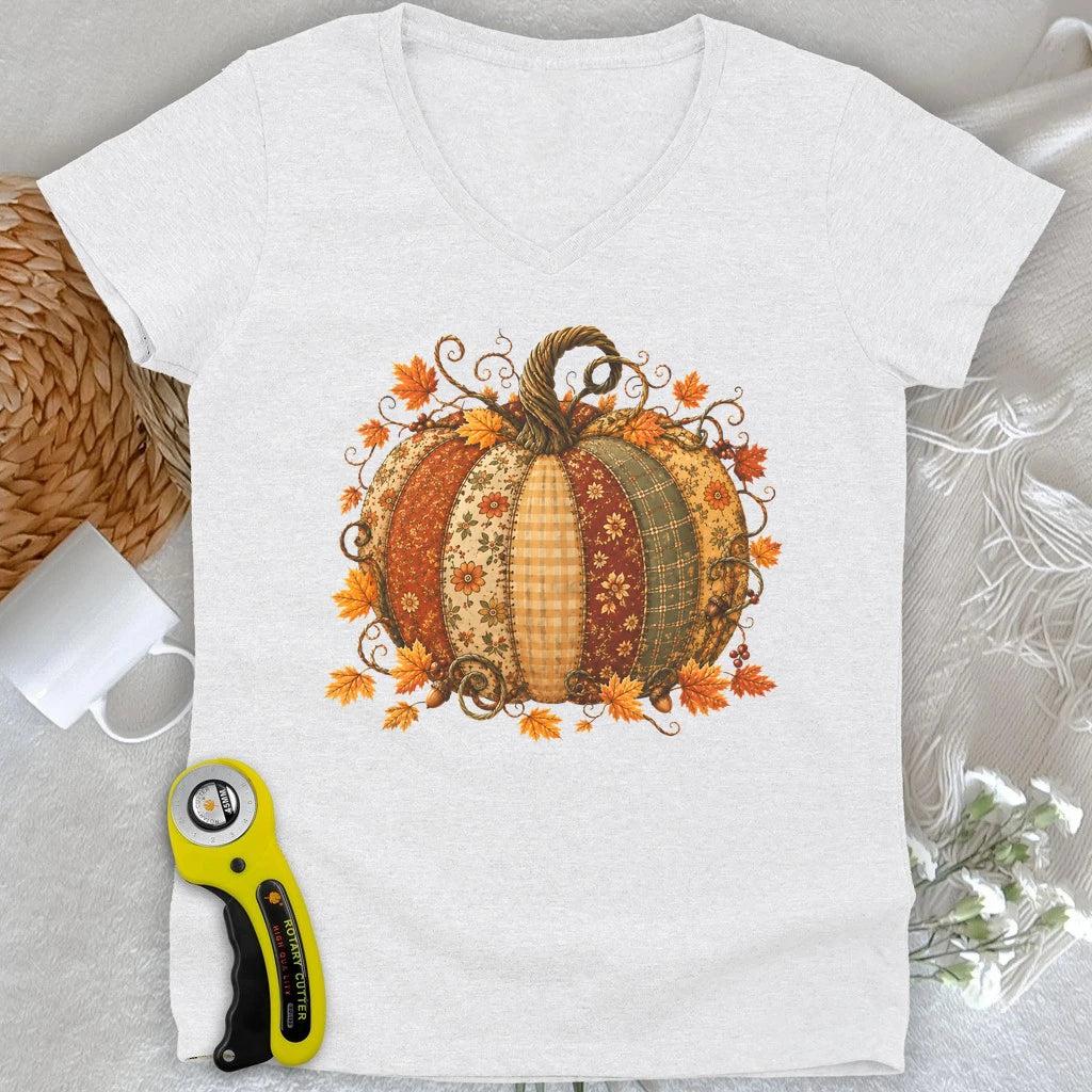 Autumn Patchwork Pumpkin Lady V-neck