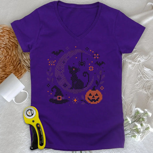Maglia con scollo a V da donna e ricamo a punto croce di Halloween al chiaro di luna