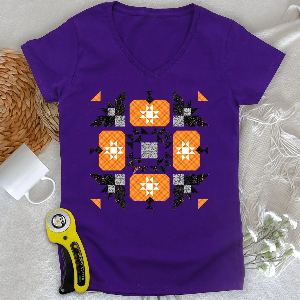 Halloween Patchwork Quilt Lady V-neck