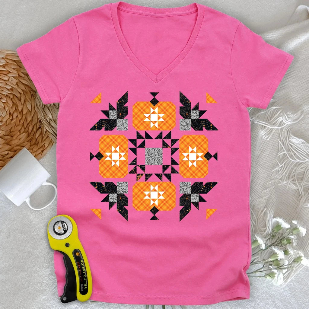 Halloween Patchwork Quilt Lady V-neck