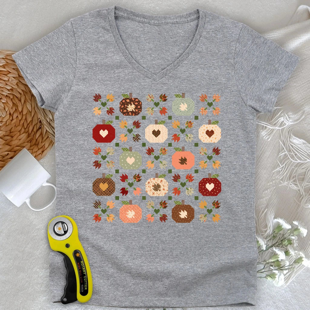 Autumn Patchwork Quilt Lady V-neck