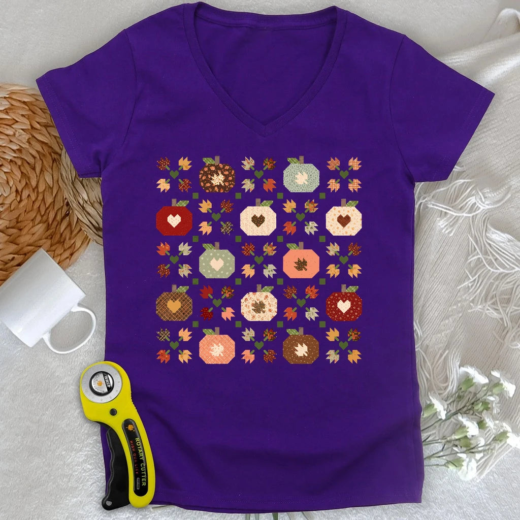 Autumn Patchwork Quilt Lady V-neck