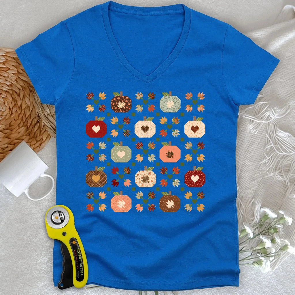 Autumn Patchwork Quilt Lady V-neck