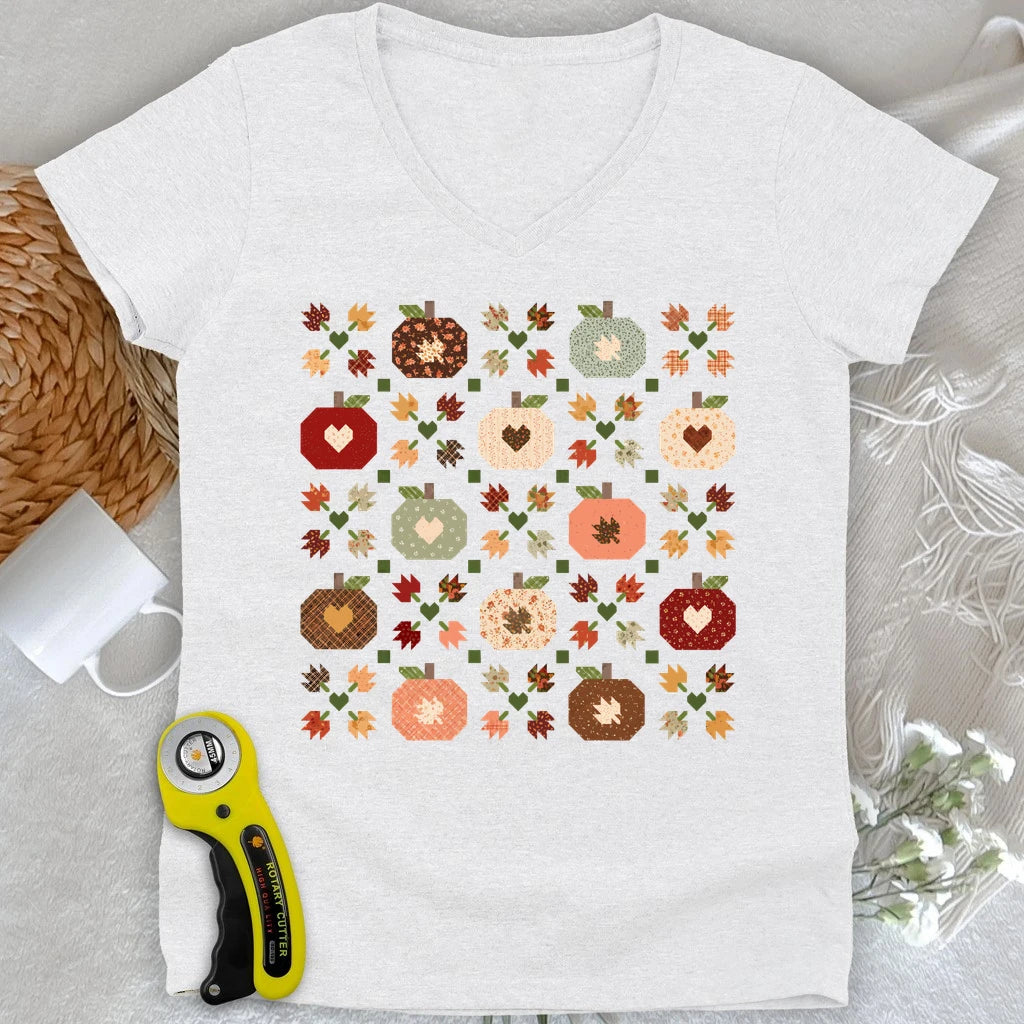 Autumn Patchwork Quilt Lady V-neck