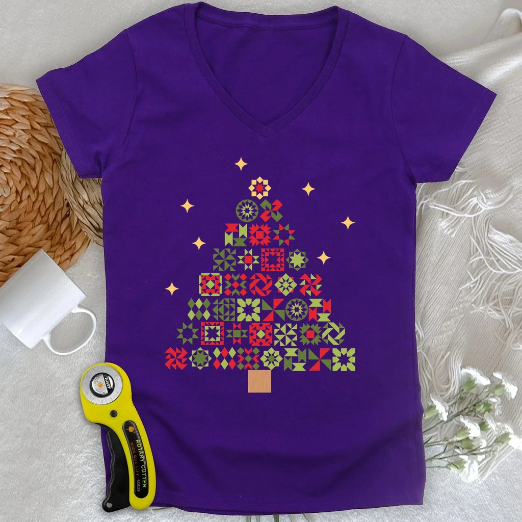 Christmas Tree Quilt Blocks Lady V-neck