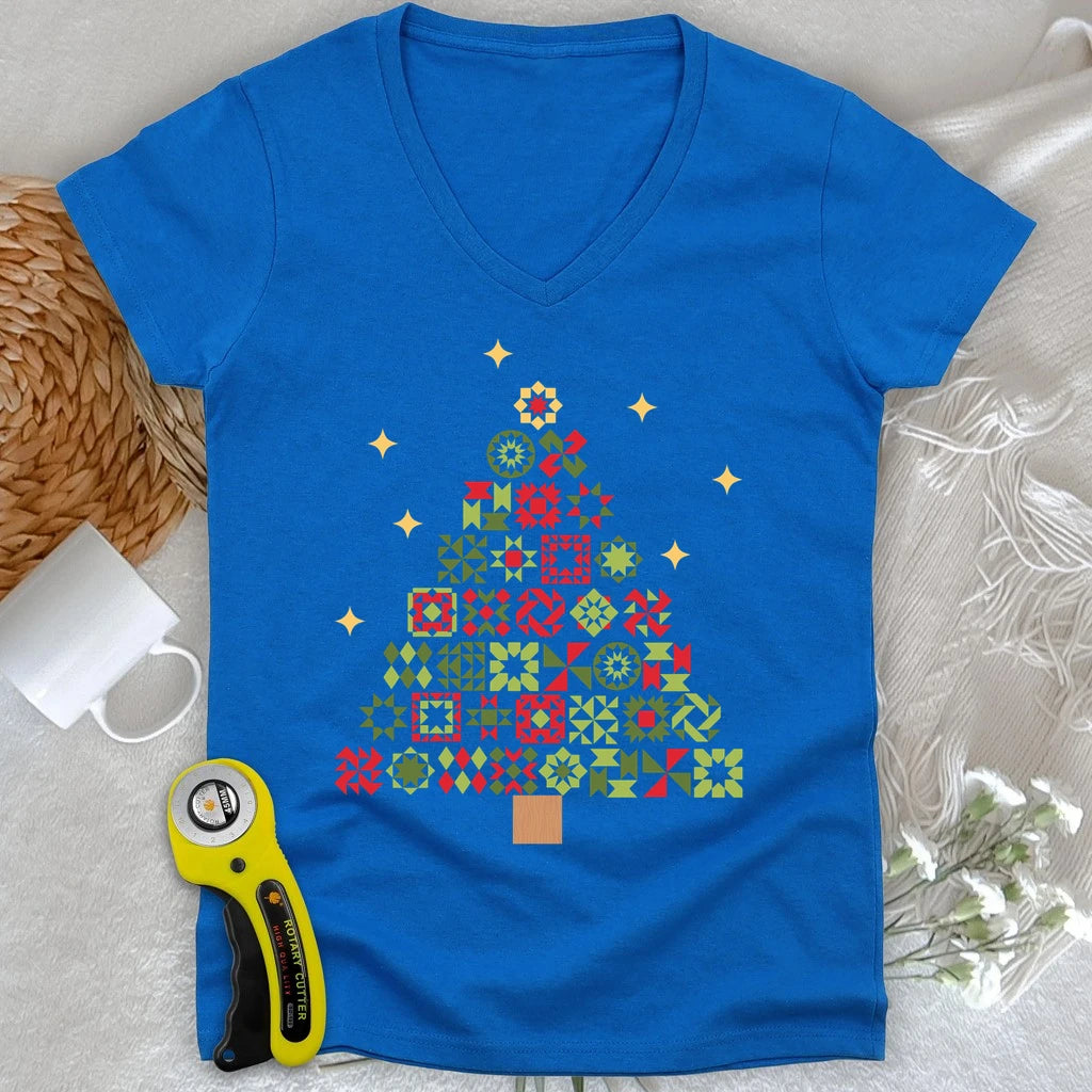 Christmas Tree Quilt Blocks Lady V-neck
