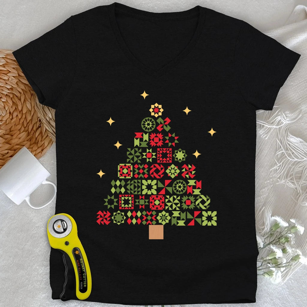 Christmas Tree Quilt Blocks Lady V-neck