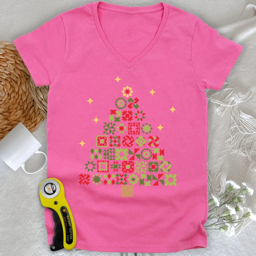 Christmas Tree Quilt Blocks Lady V-neck