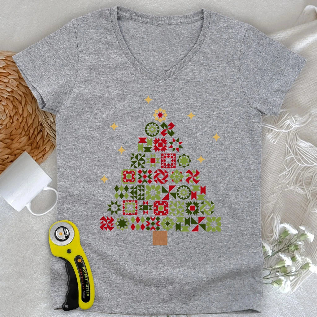 Christmas Tree Quilt Blocks Lady V-neck