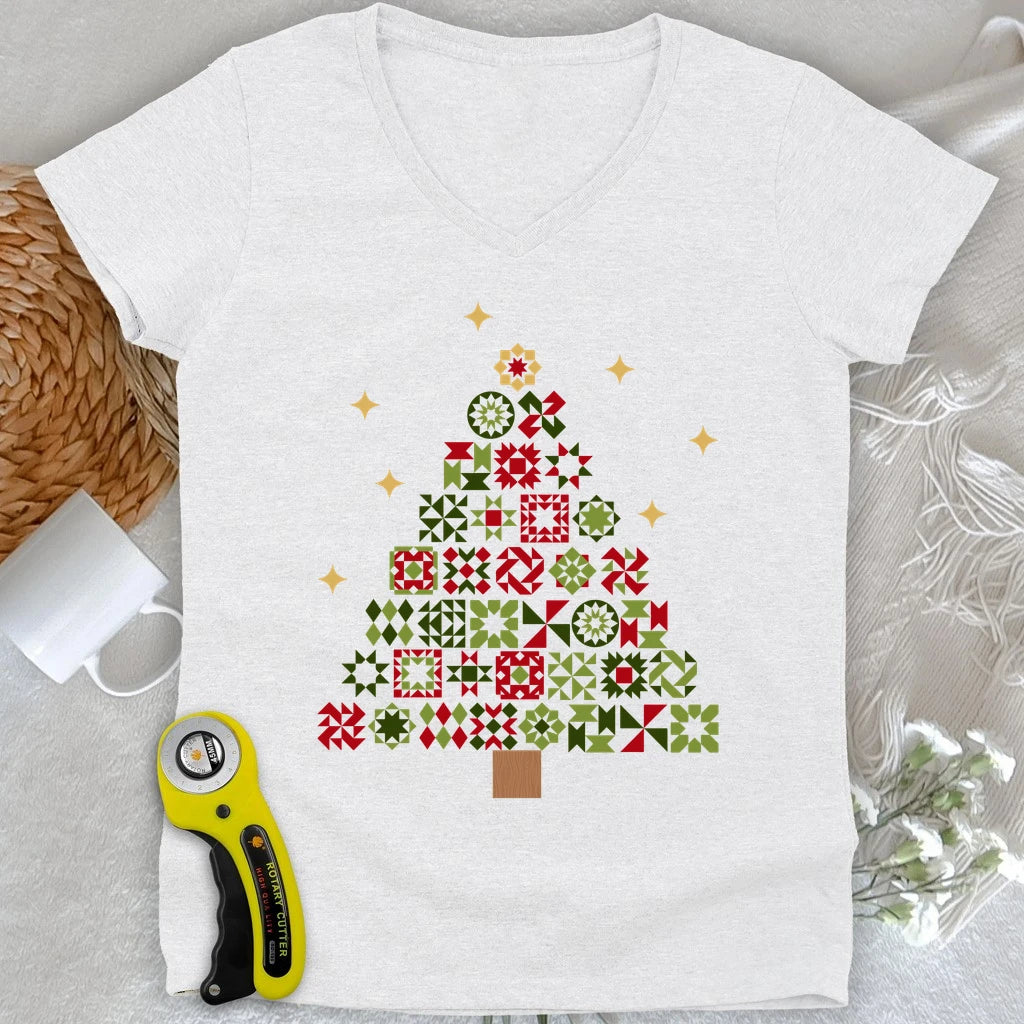 Christmas Tree Quilt Blocks Lady V-neck