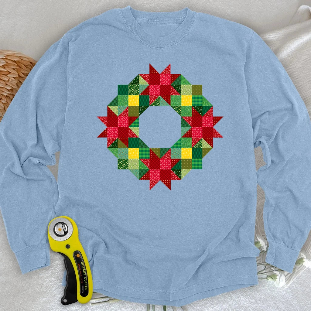 Patchwork Christmas Wreath Long Sleeve T-shirt