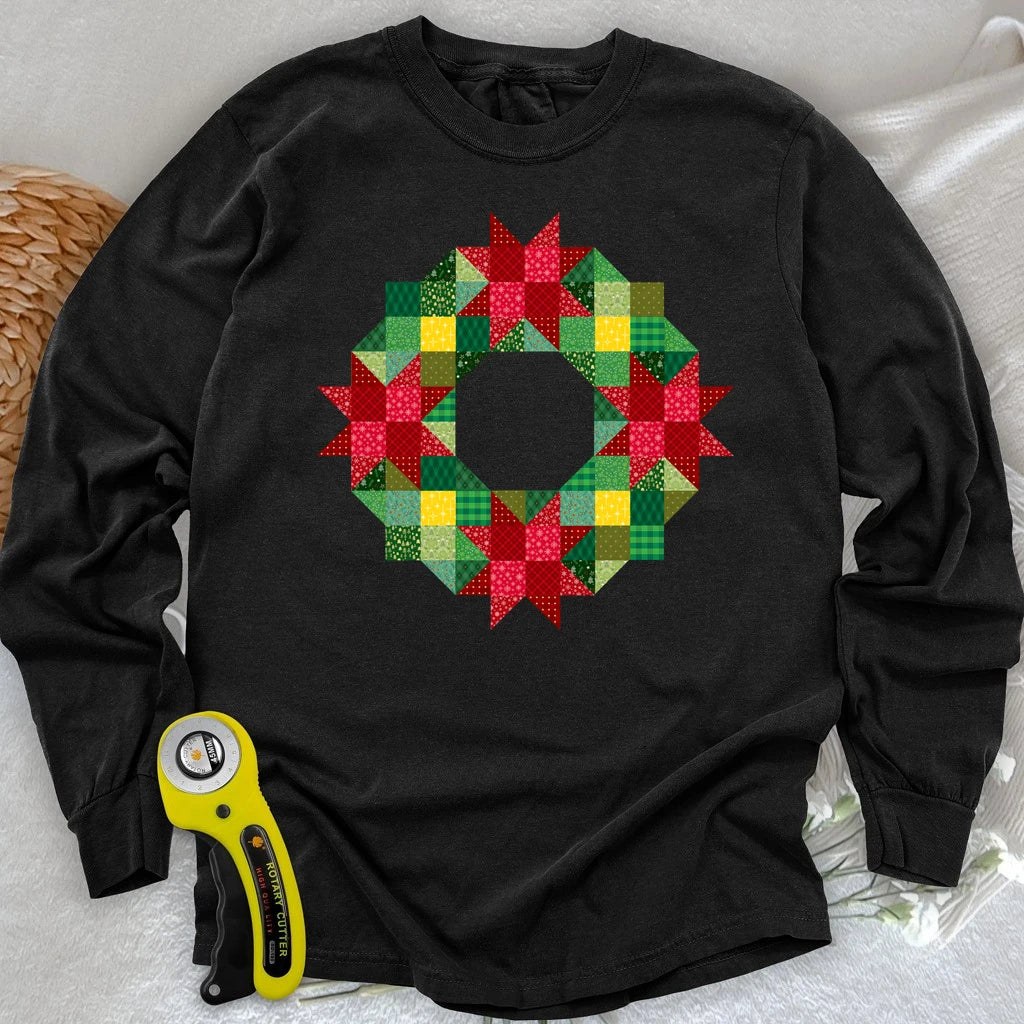 Patchwork Christmas Wreath Long Sleeve T-shirt