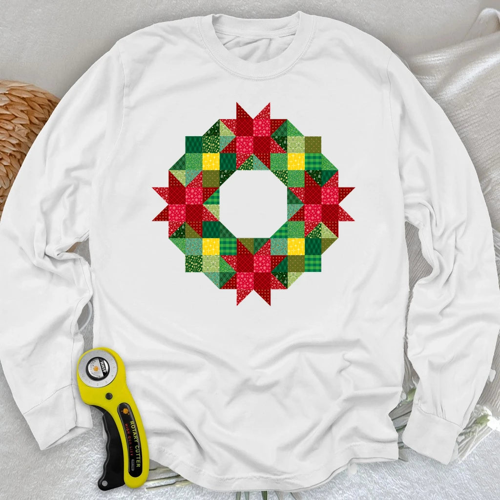 Patchwork Christmas Wreath Long Sleeve T-shirt