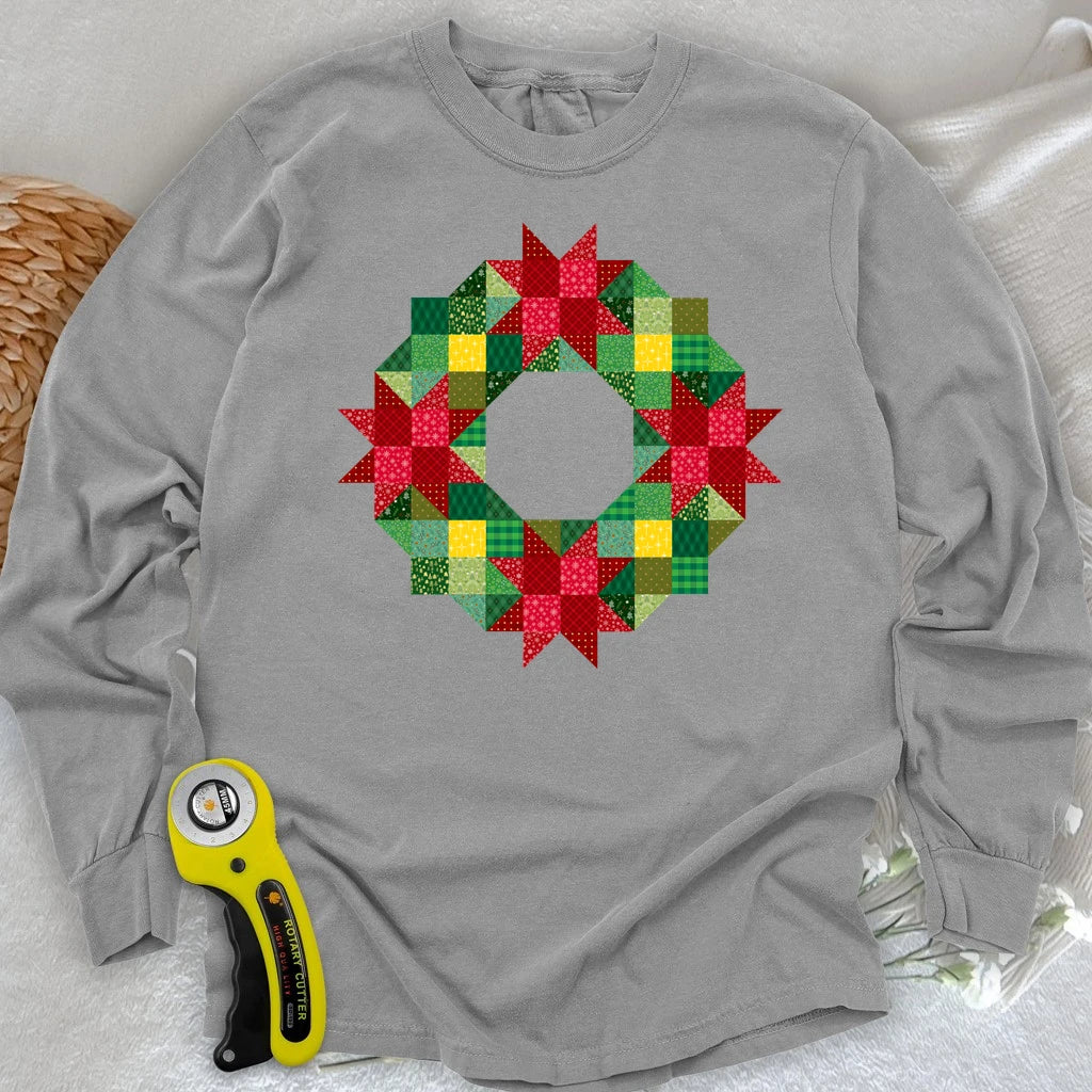 Patchwork Christmas Wreath Long Sleeve T-shirt