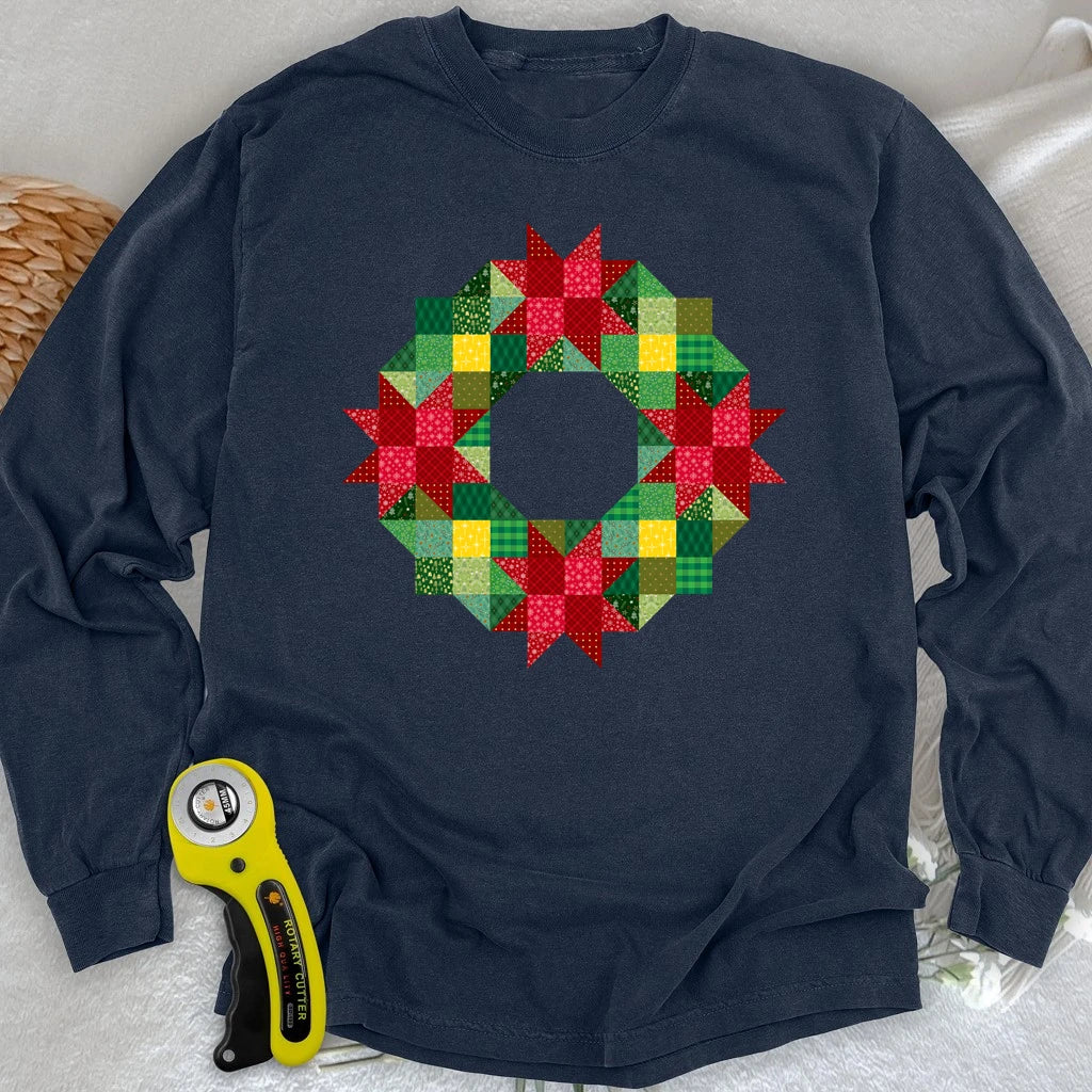 Patchwork Christmas Wreath Long Sleeve T-shirt