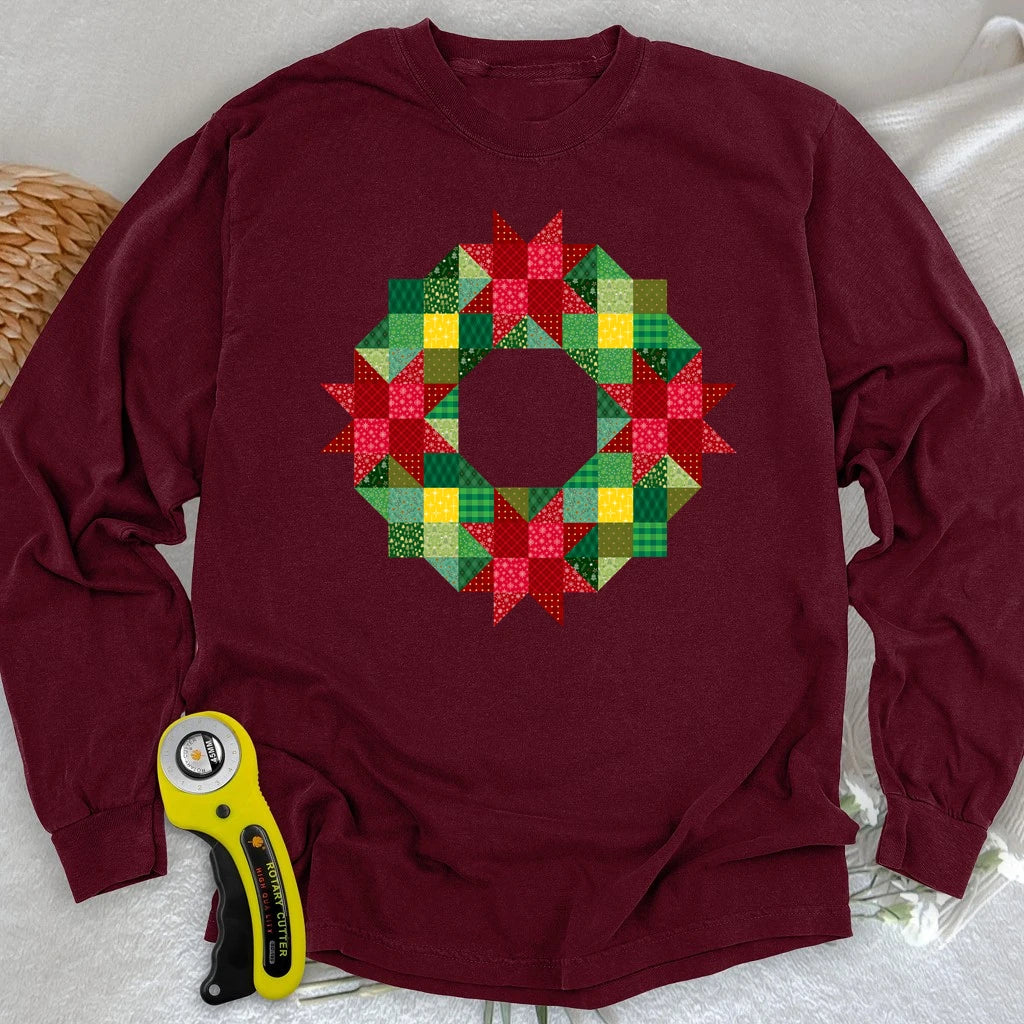 Patchwork Christmas Wreath Long Sleeve T-shirt