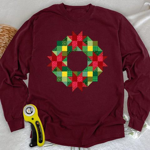 Patchwork Christmas Wreath Long Sleeve T-shirt