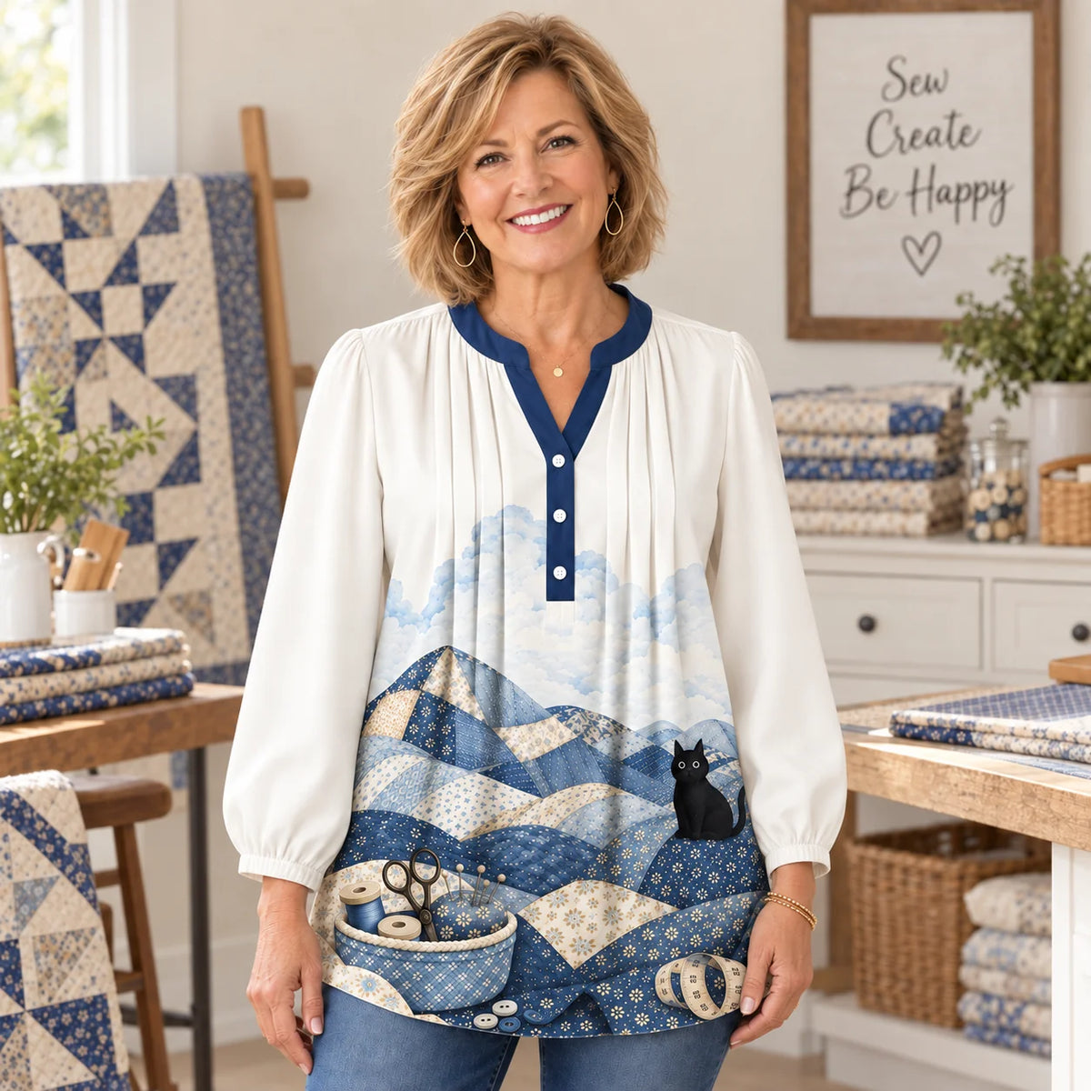 Patchwork-Bergkatzen-Bluse