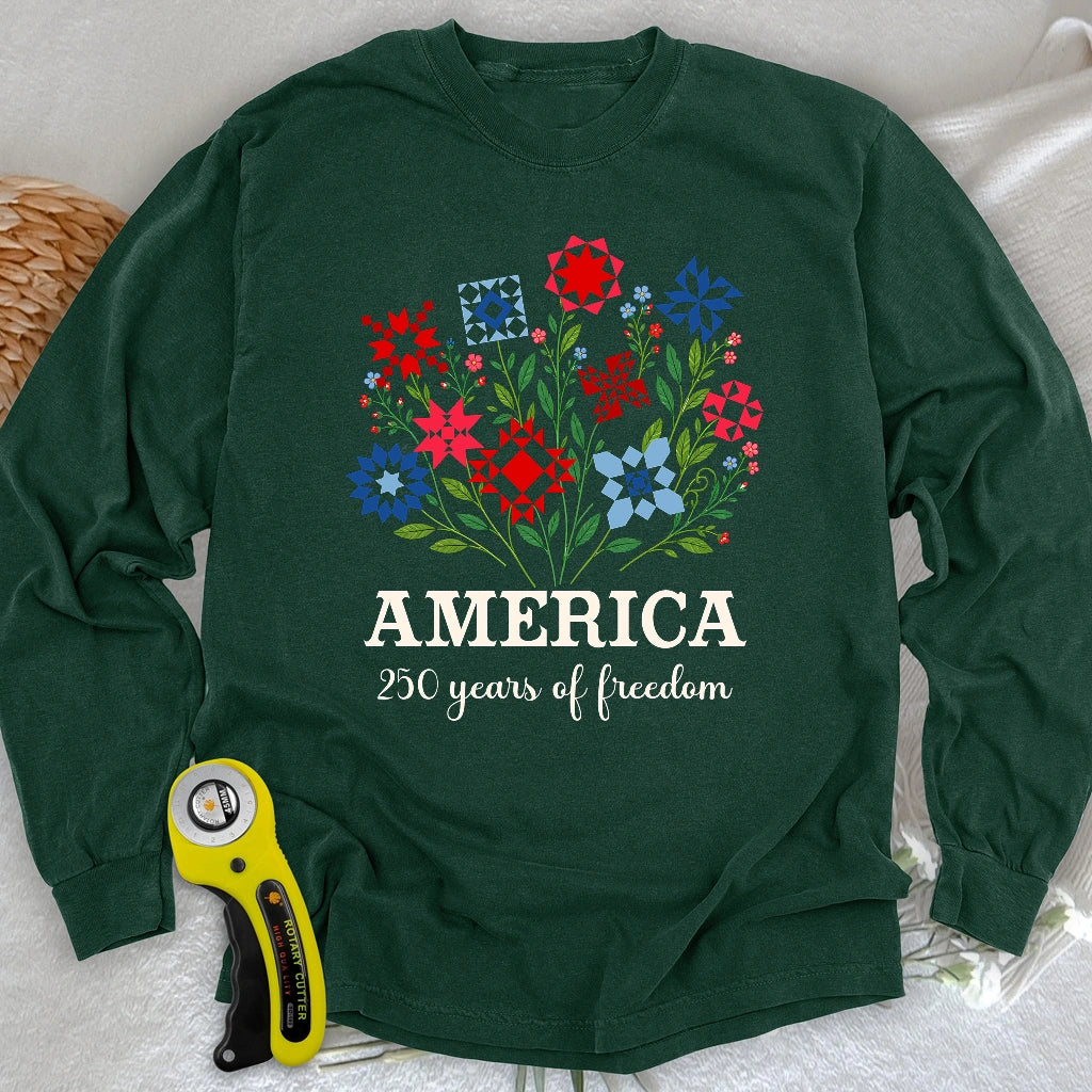 Americana Quilt Blooms Long Sleeve T-shirt