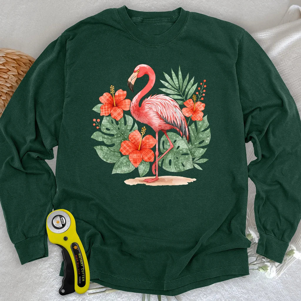 Flamingo & Floral Patchwork Long Sleeve T-shirt