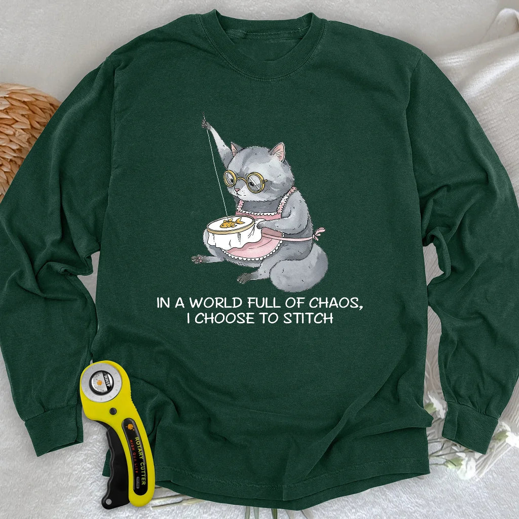 Langarm-T-Shirt "Oma Katze Näherin"