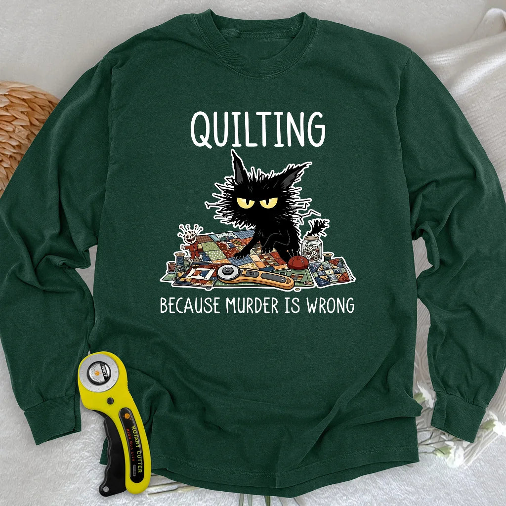 Mürrische Quilter-Katze Langarm-T-Shirt