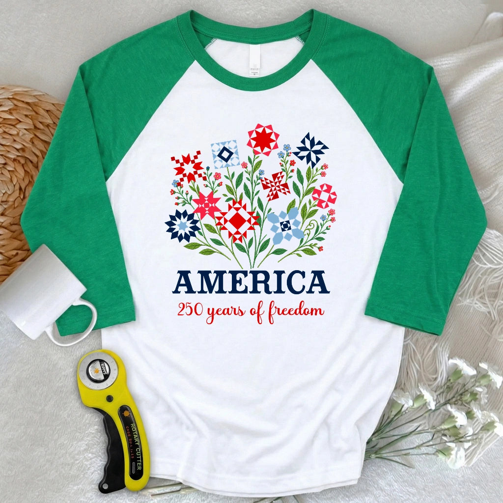 Americana Quilt Blooms 3/4 Sleeve T-shirt