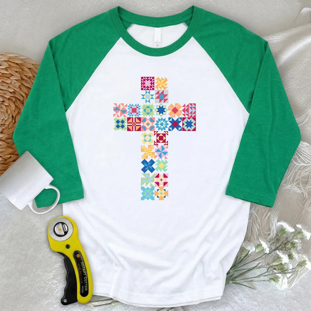 Patchwork Faith Cross 3/4 Sleeve T-shirt