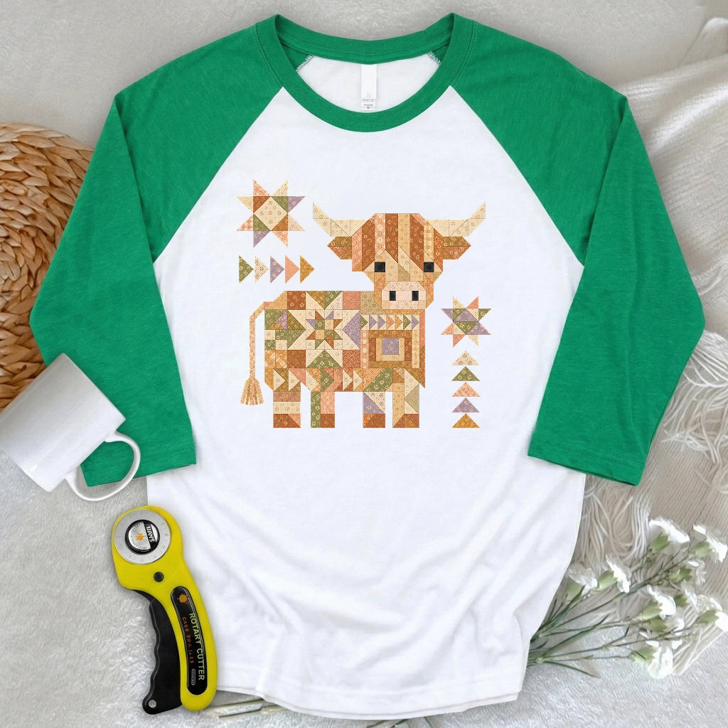 Patchwork Highland Cow 3/4 Sleeve T-shirt