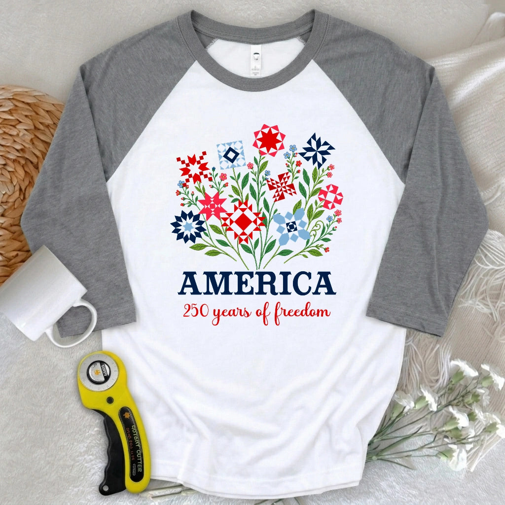 Americana Quilt Blooms 3/4 Sleeve T-shirt