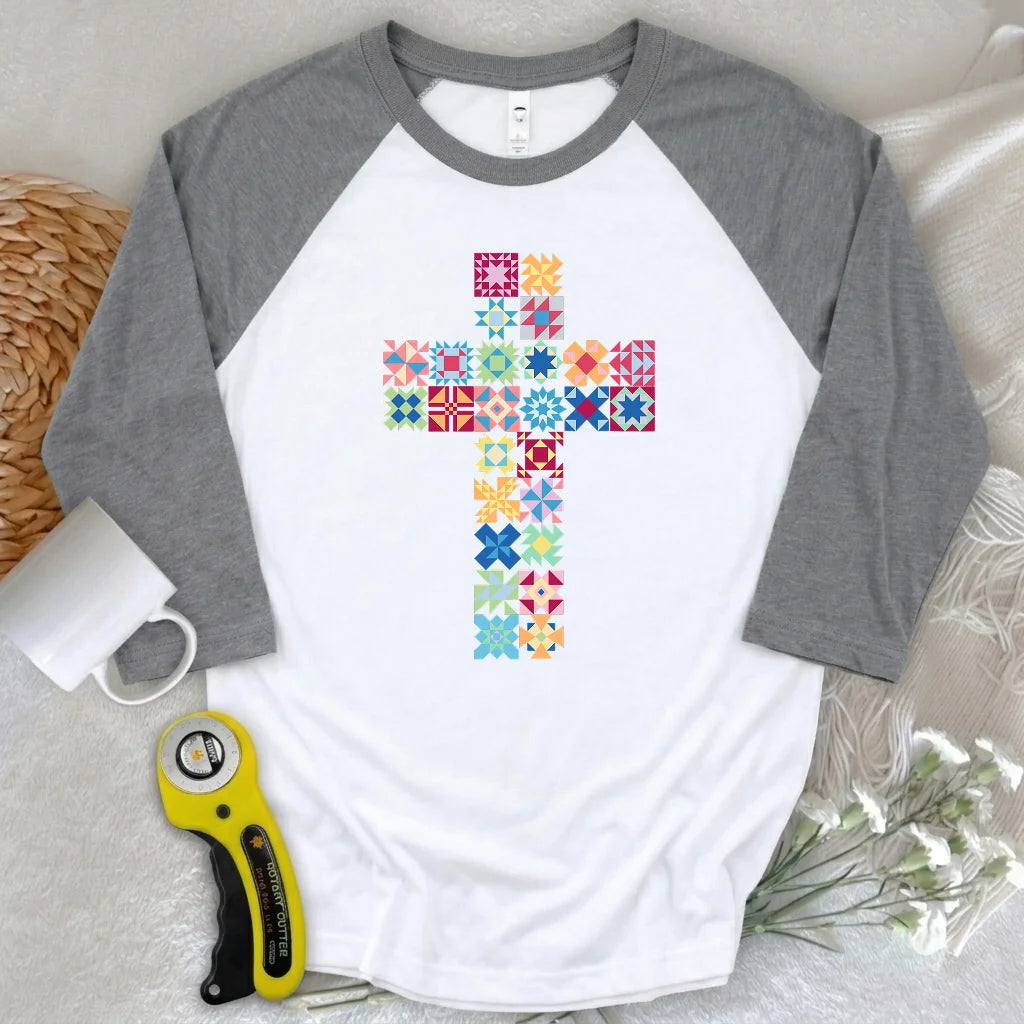 Patchwork Faith Cross 3/4 Sleeve T-shirt