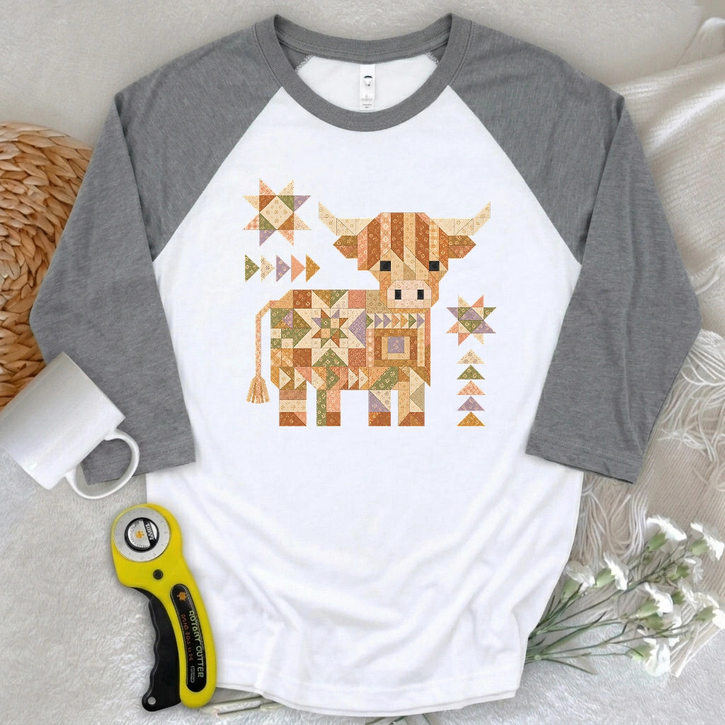 Patchwork Highland Cow 3/4 Sleeve T-shirt