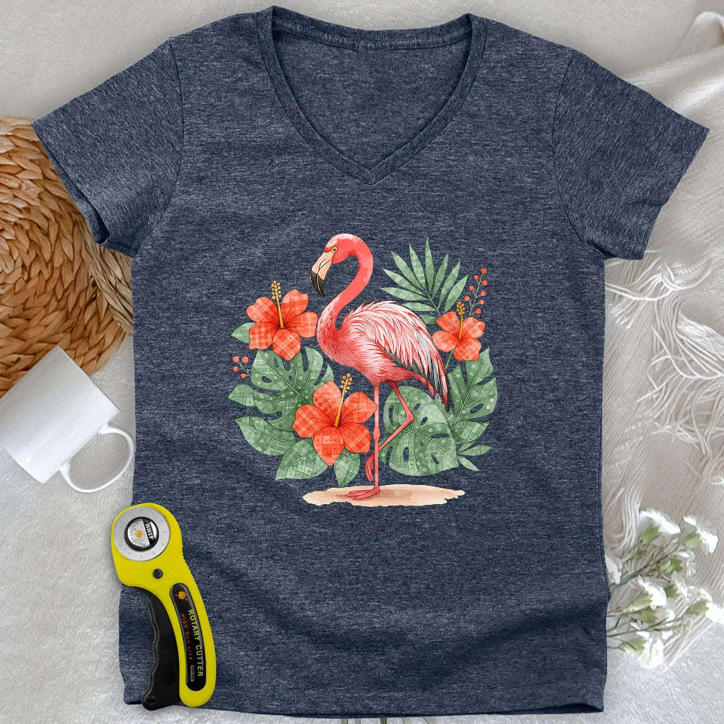 Flamingo- & Blumen-Patchwork-Damen-V-Ausschnitt