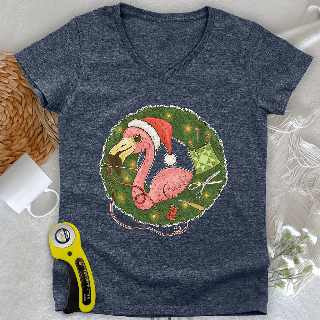 Flamingo's Quiltmas Wreath Lady V-neck