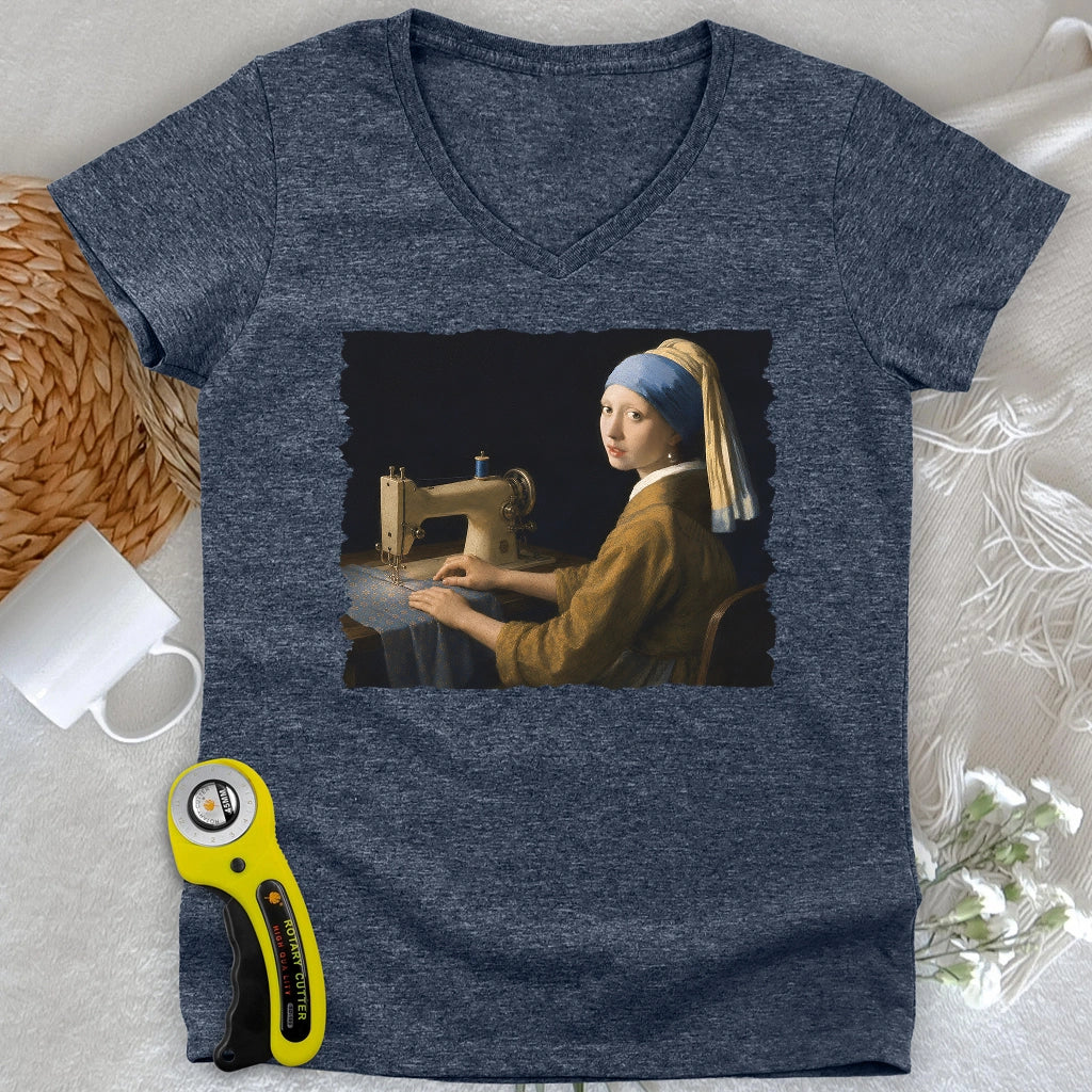 Girl With A Sewing Machine Lady V-neck